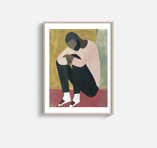 Quiet Weight – Modern Figurative Wall Art in Rose, Gold and Black