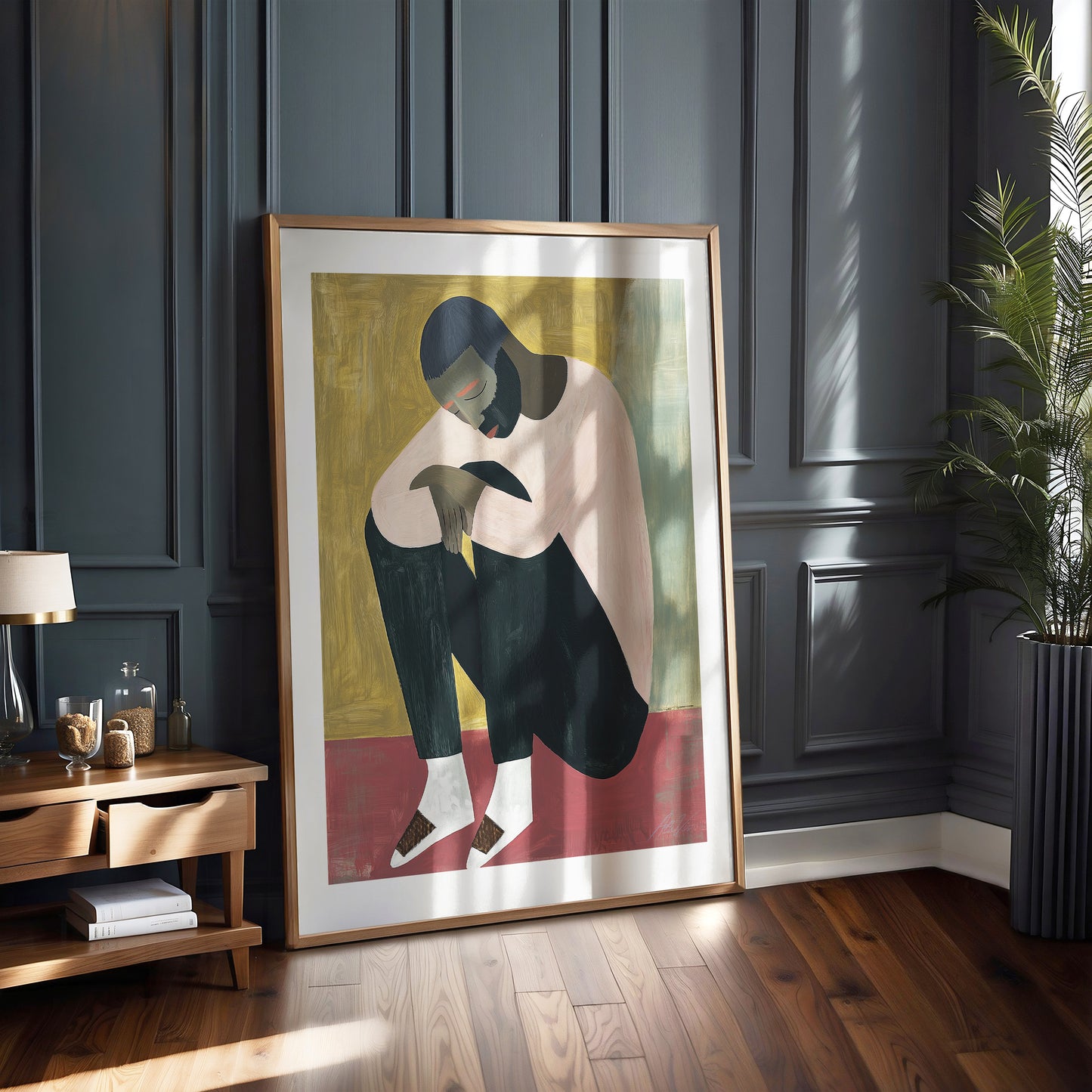 Quiet Weight – Modern Figurative Wall Art in Rose, Gold and Black