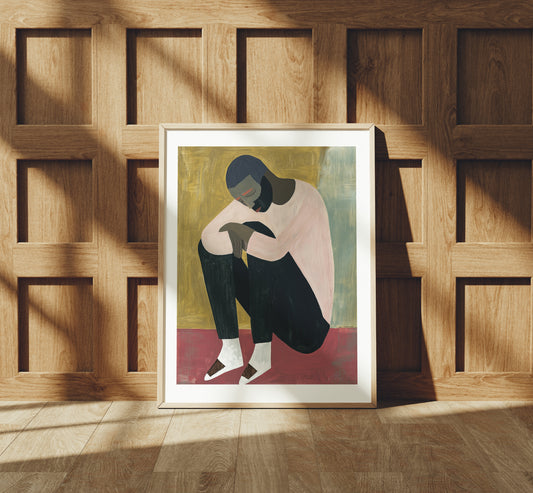 Quiet Weight – Modern Figurative Wall Art in Rose, Gold and Black