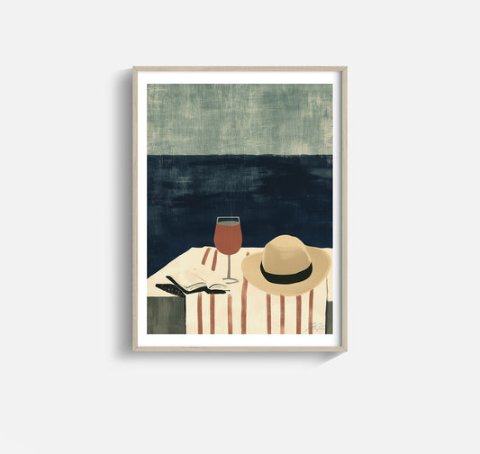 Coastal Minimalist Art Print – Wine at the Beach Modern Illustration