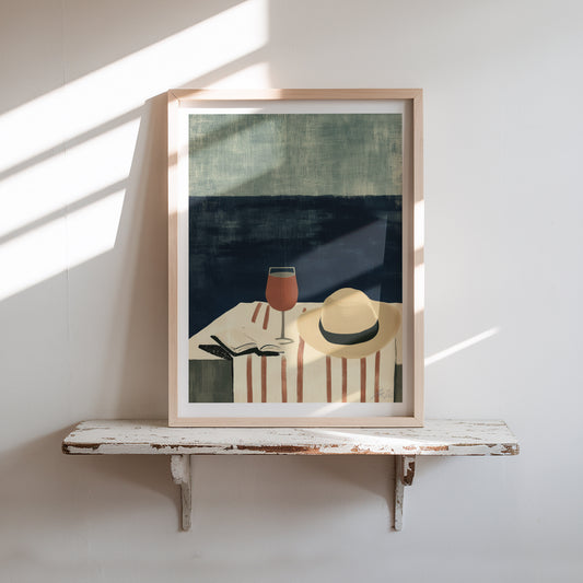 Coastal Minimalist Art Print – Wine at the Beach Modern Illustration