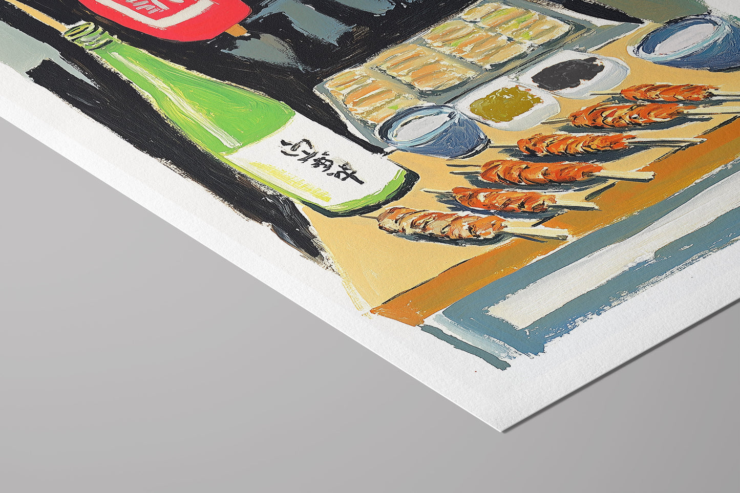 Japanese Street Food Yakitori Print – Izakaya Wall Art with Sake Bottle and Lanterns