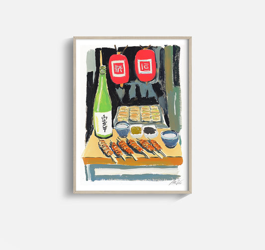 Japanese Street Food Yakitori Print – Izakaya Wall Art with Sake Bottle and Lanterns