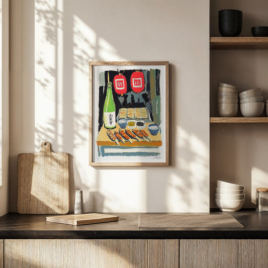 Japanese Street Food Yakitori Print – Izakaya Wall Art with Sake Bottle and Lanterns
