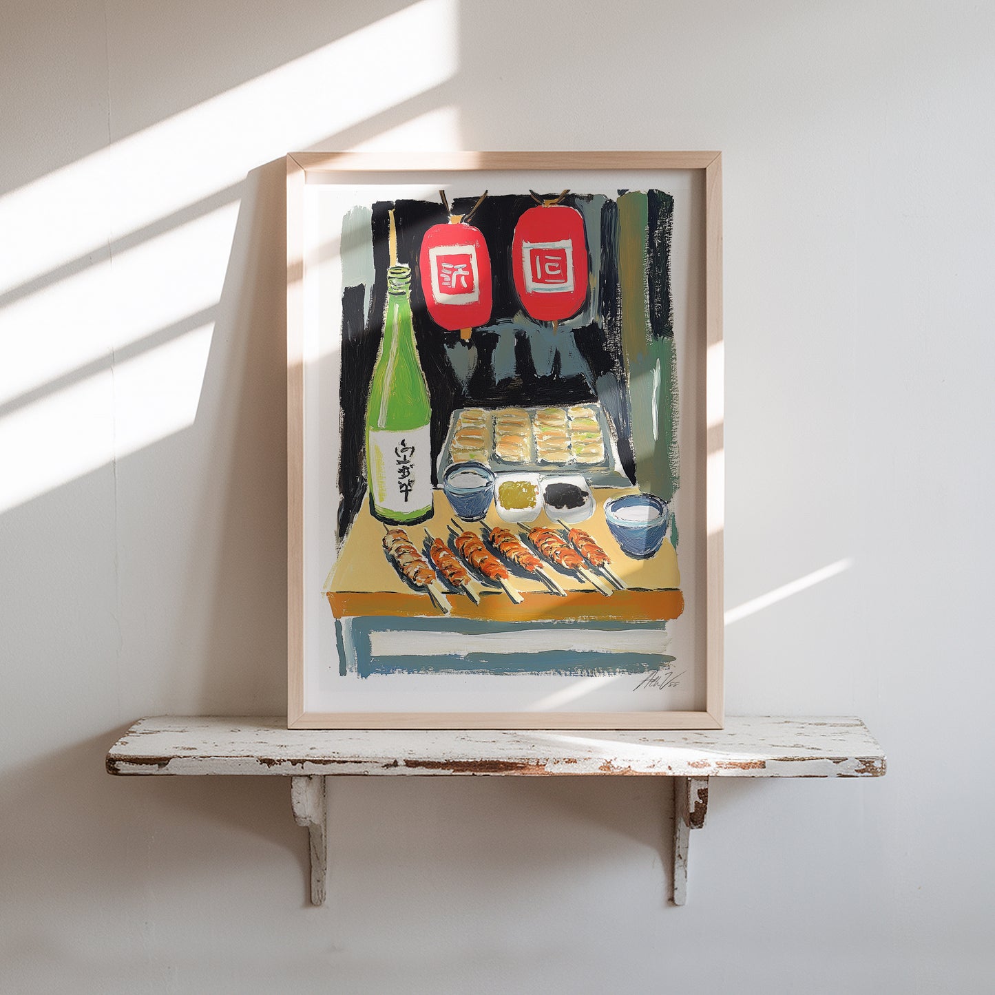 Japanese Street Food Yakitori Print – Izakaya Wall Art with Sake Bottle and Lanterns
