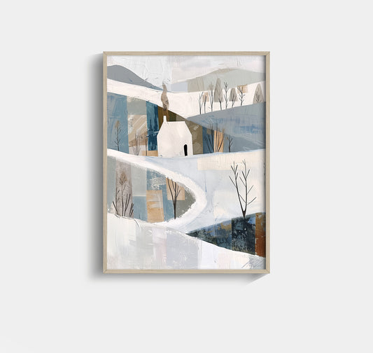 Scandinavian Winter Hillside – Minimal Cottage Wall Art for Kids
