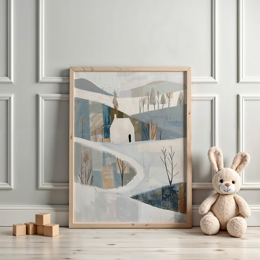 Scandinavian Winter Hillside – Minimal Cottage Wall Art for Kids