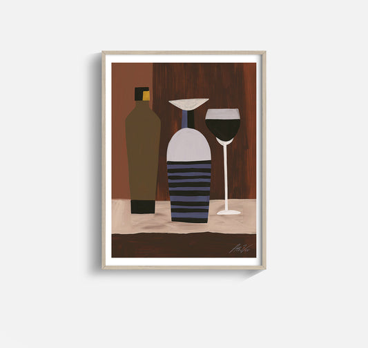 Mid-Century Wine Art Print – Modernist Still Life with Decanter, Bottle & Glass
