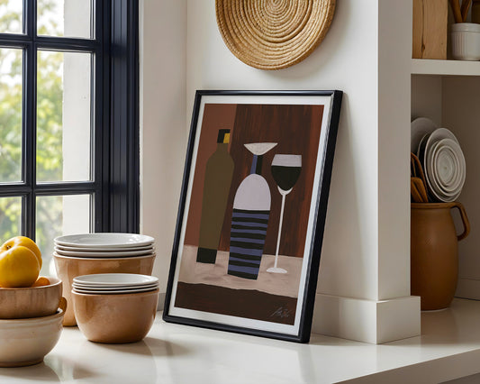 Mid-Century Wine Art Print – Modernist Still Life with Decanter, Bottle & Glass