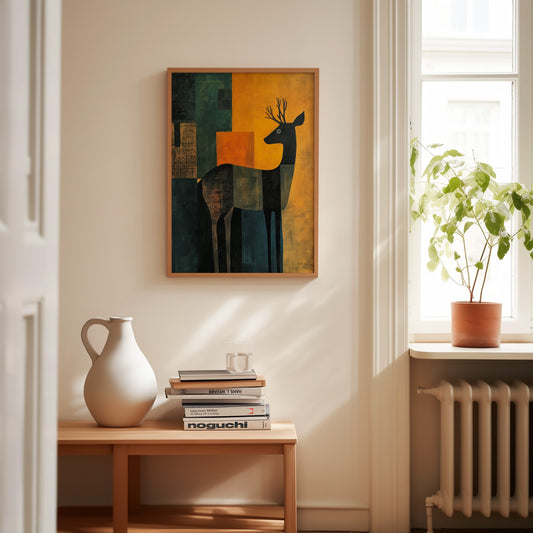 Sun-Stilled Stag – Nordic Deer Silhouette in Amber and Forest Teal