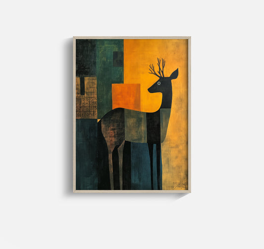 Sun-Stilled Stag – Nordic Deer Silhouette in Amber and Forest Teal