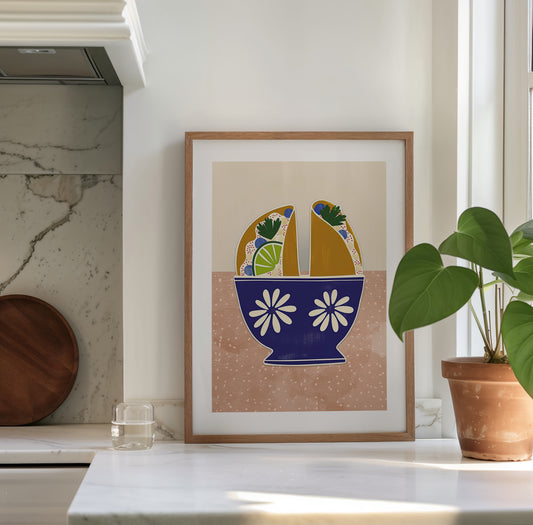 Tacos in Talavera – Whimsical Taco Wall Art with Mexican Pottery Bowl