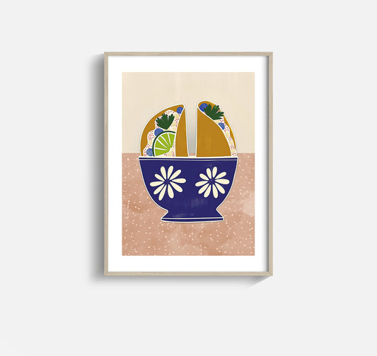 Tacos in Talavera – Whimsical Taco Wall Art with Mexican Pottery Bowl
