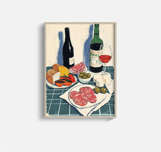 Antipasti Art Print – Italian Wine, Cheese, Olives, Kitchen Illustration