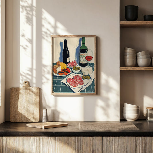 Antipasti Art Print – Italian Wine, Cheese, Olives, Kitchen Illustration