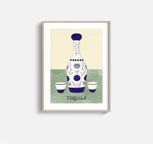 Tequila for Dos – Modern Talavera Bottle and Shot Glasses Wall Art