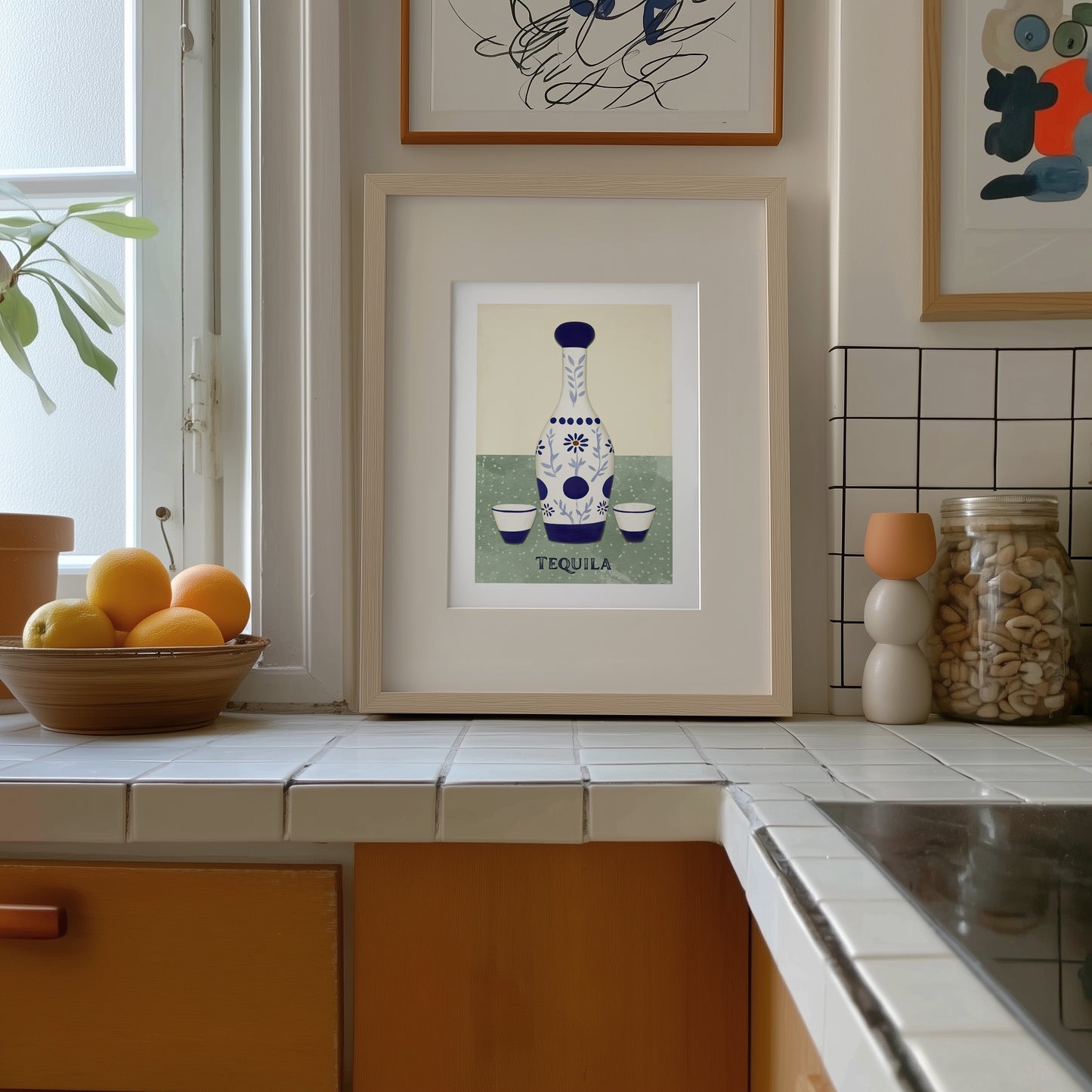 Tequila for Dos – Modern Talavera Bottle and Shot Glasses Wall Art
