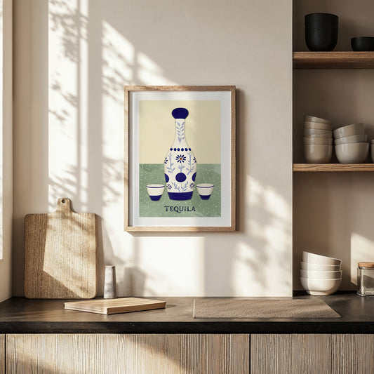 Tequila for Dos – Modern Talavera Bottle and Shot Glasses Wall Art