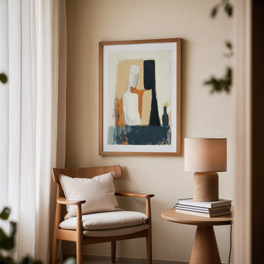 The Visitor – Abstract Figurative Painting in Ochre, Black and Blue