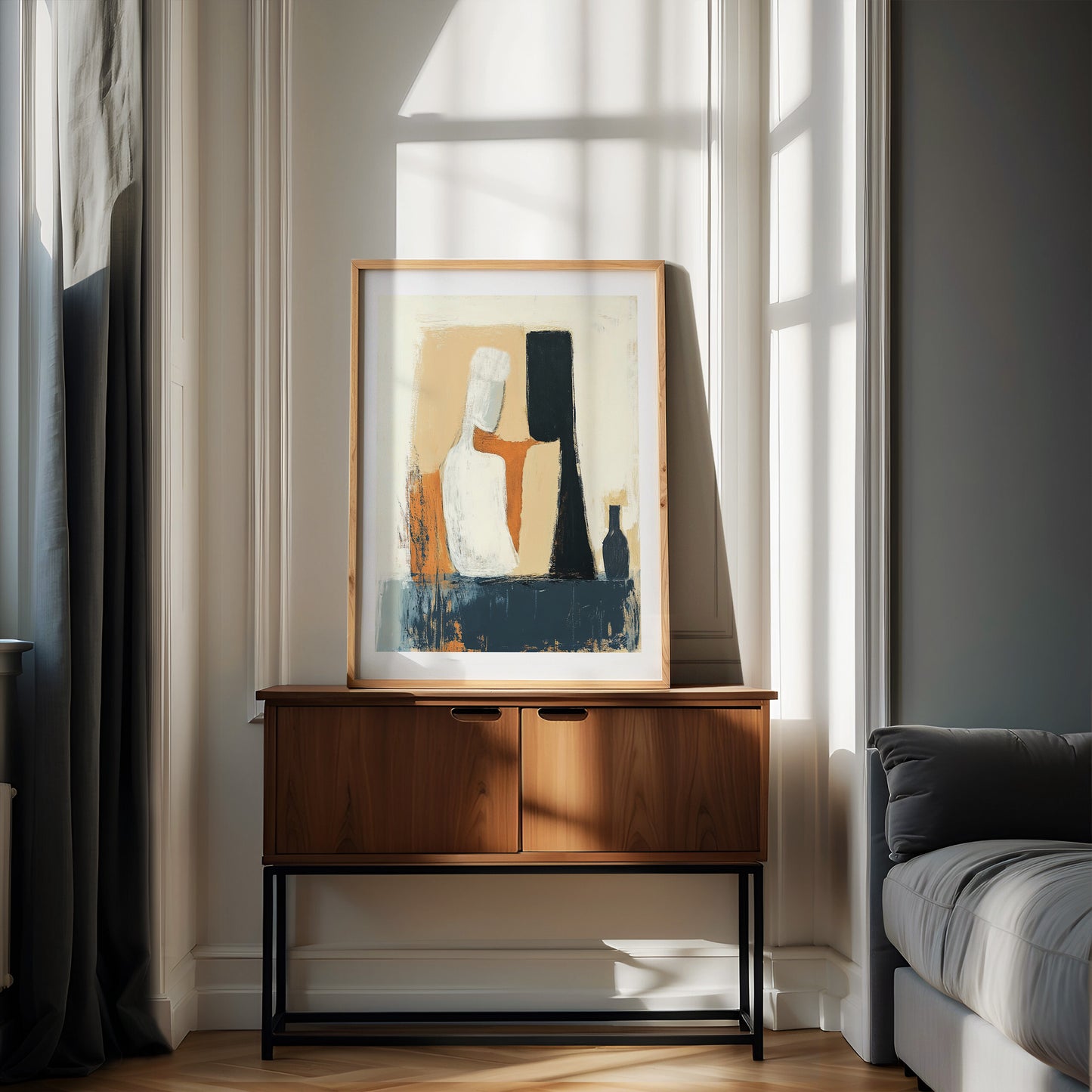 The Visitor – Abstract Figurative Painting in Ochre, Black and Blue