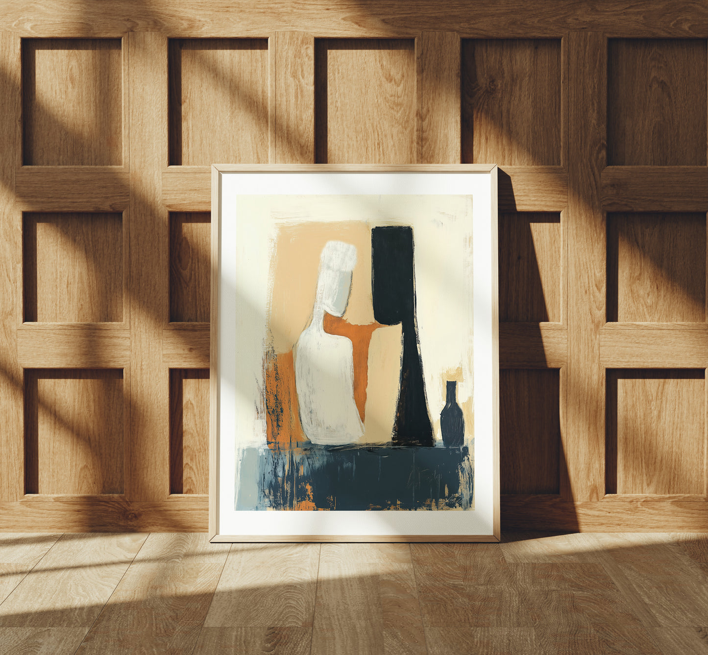 The Visitor – Abstract Figurative Painting in Ochre, Black and Blue