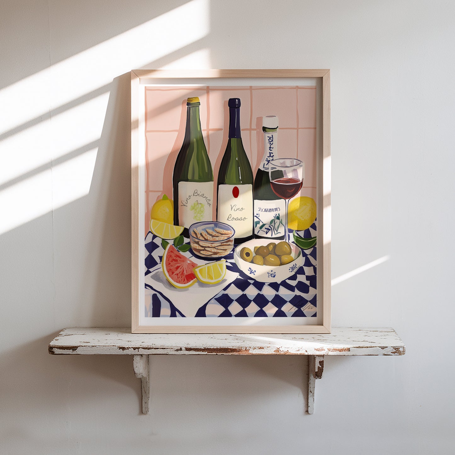 Wine and Sake – Modern Mediterranean & Japanese Inspired Still Life with Citrus and Snacks